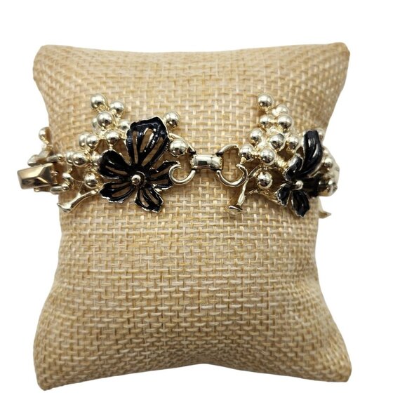 Vintage Sarah Coventry Bracelet Golden Grape Clusters and Black Flowers 7in. - Picture 3 of 6